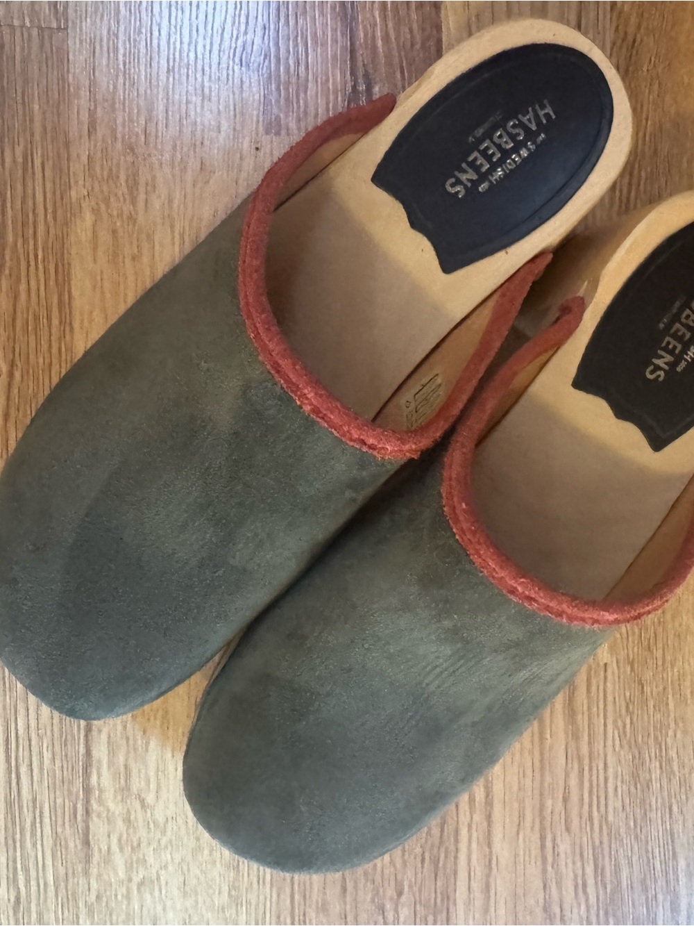 Swedish Hasbeens Olive Suede Slip-On Clog with Rust Trim - Womens